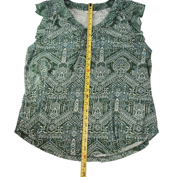 Lucky Brand Green Geometric Tribal Aztec Blouse Ruffle Sleeve V Neck Large - Picture 11 of 13